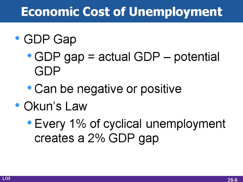 Economic Cost of Unemployment GDP Gap GDP gap = actual GDP – potential GDP